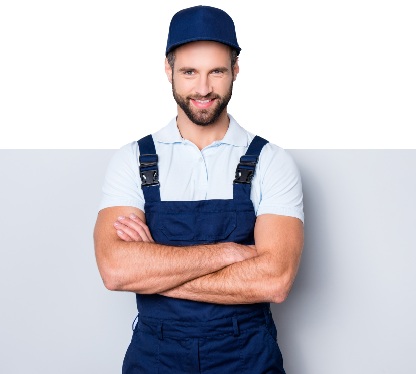 Ein Mann in Latzhose steht mit verschränkten Armen da. Er symbolisiert Professionalität und Kompetenz